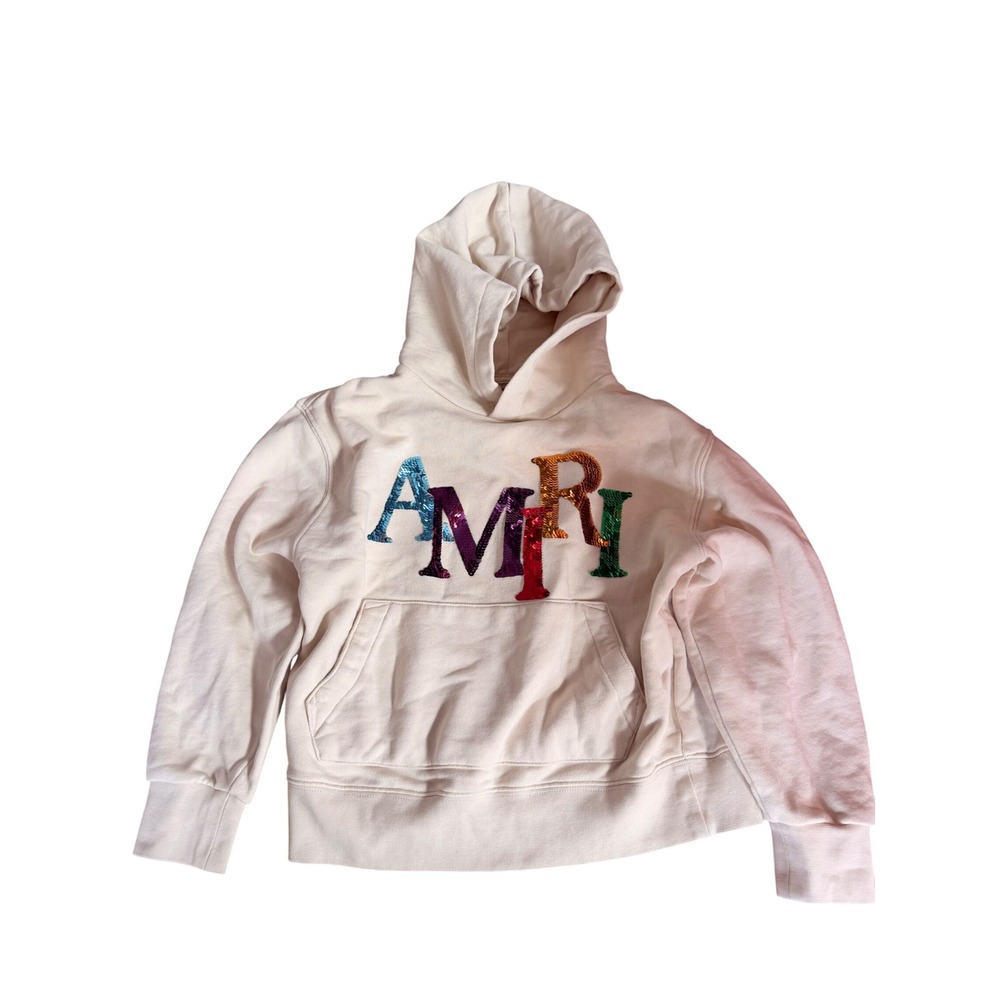 AMIRI Kids Cream Rainbow Sequin Logo Pullover Hoodie Size 8Y AKJYH01018 Italy